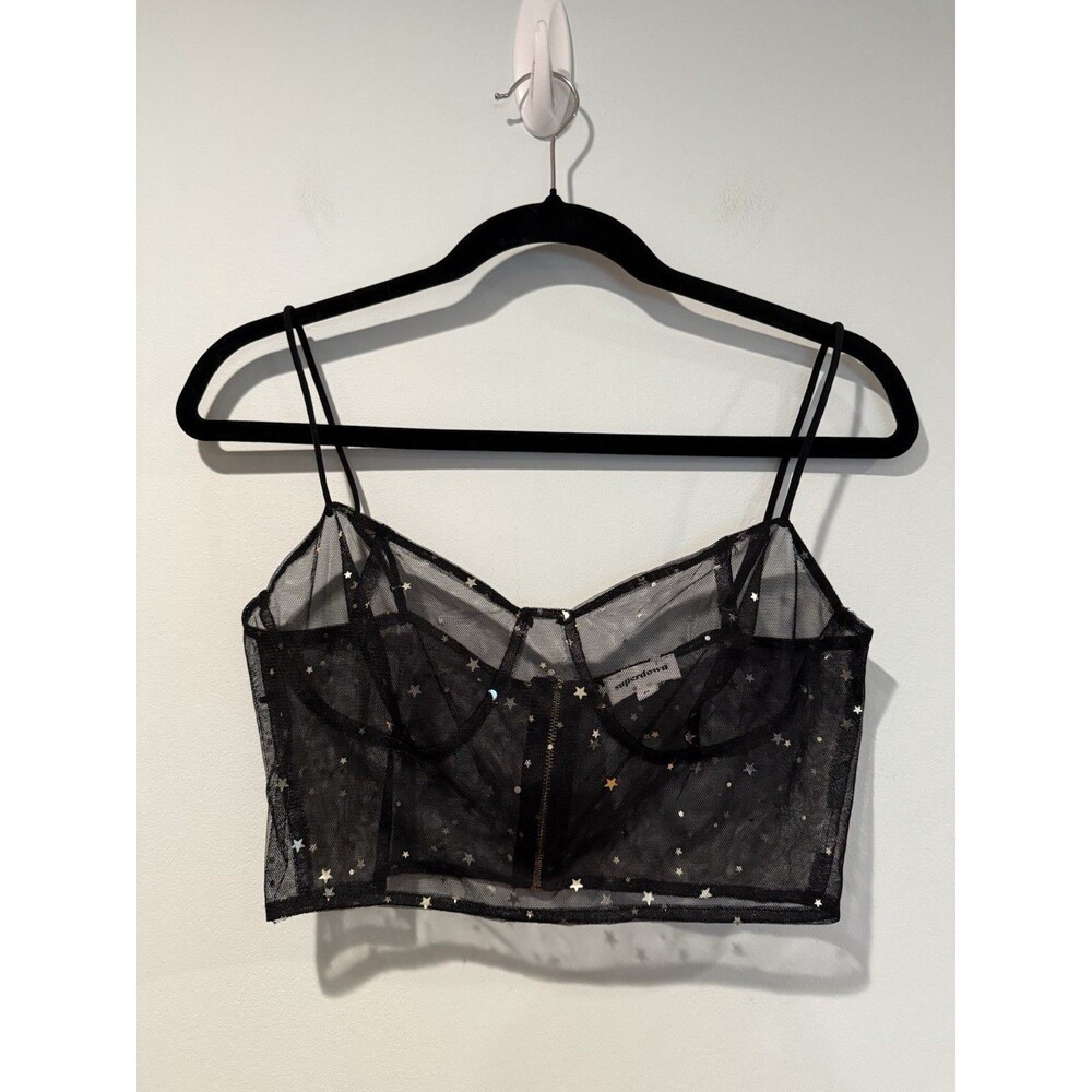 Superdown Sheer Mesh Crop Top Medium Celestial Festival Y2K Star Moon Whimsigoth